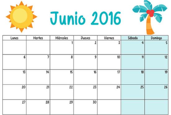 Calendarios mes de junio 2016 para imprimir